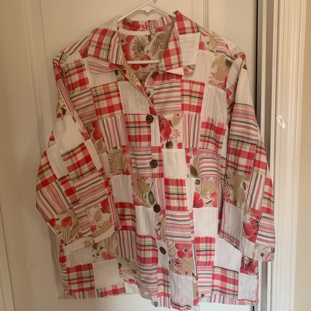 Patchwork Floral Plaid Women's Jacket Fully Lined 3/4 Length Sleeves SidePockets